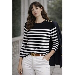 Lauren Ralph Lauren Nautical Stripe‎ Sweater M Navy Gold Button Preppy Chic